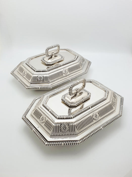 Pair of Antique Victorian Silver Plated Octagonal Entrée Dishes – circa 1890