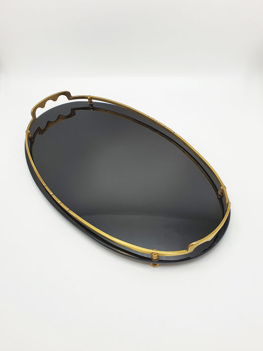 Fabulous Art Deco Continental Black Glass And Brass Drinks Tray – circa 1925