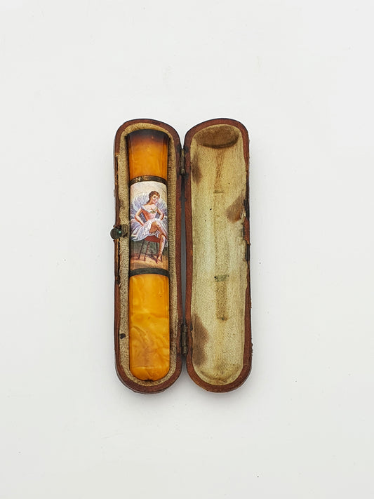 Antique Victorian Amber Cheroot Holder With Figural Decoration – circa 1890