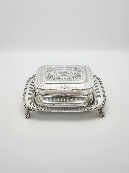Antique Victorian Silver-Plated Engraved Sardine Dish With Glass Liner – circa 1880