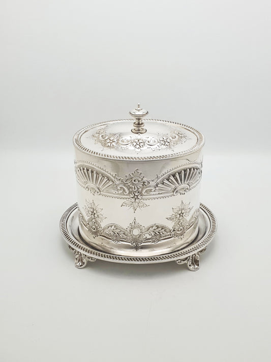 Antique Victorian Silver-Plated Embossed and Engraved Biscuit Barrel – circa 1880
