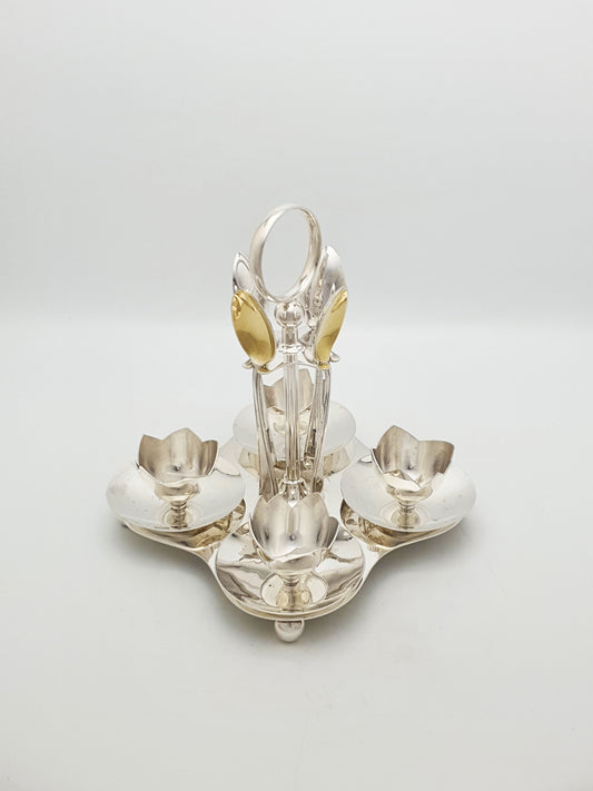 Art Deco Silver-Plated Four-Piece Egg Cruet Set With Gilt Spoons – circa 1925