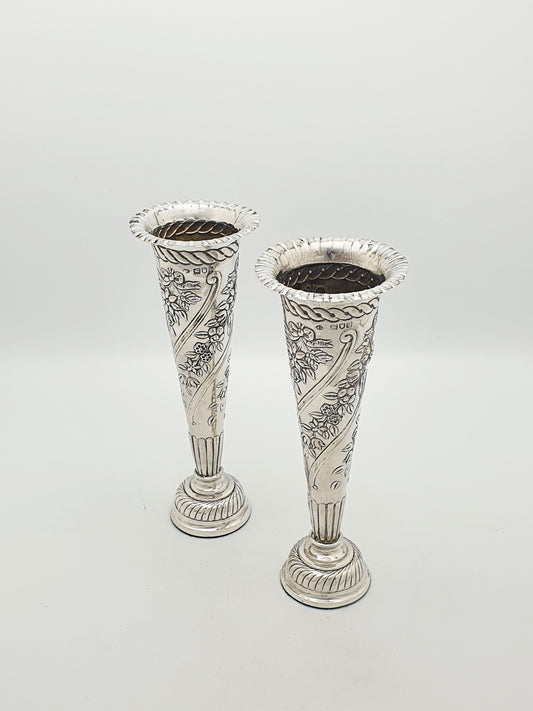 Pair of Antique Edwardian Sterling Silver Floral Trumpet Vases – London, 1901
