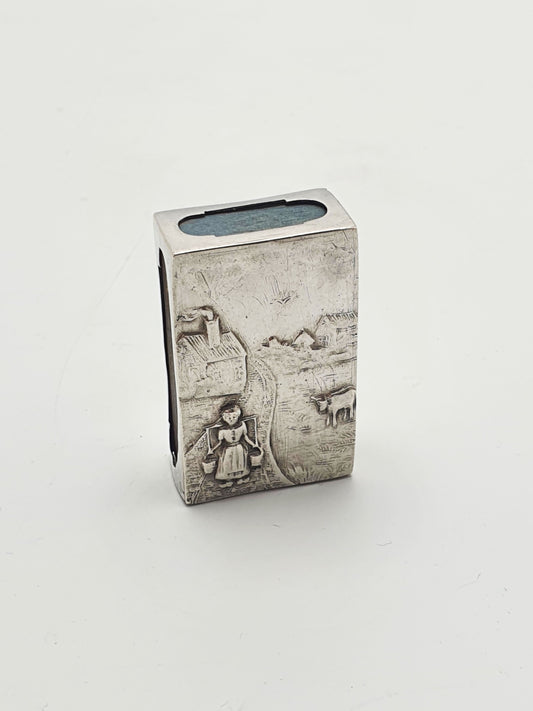 Fabulous Antique Dutch Silver Matchbox Holder With Rural Scenes – circa 1920