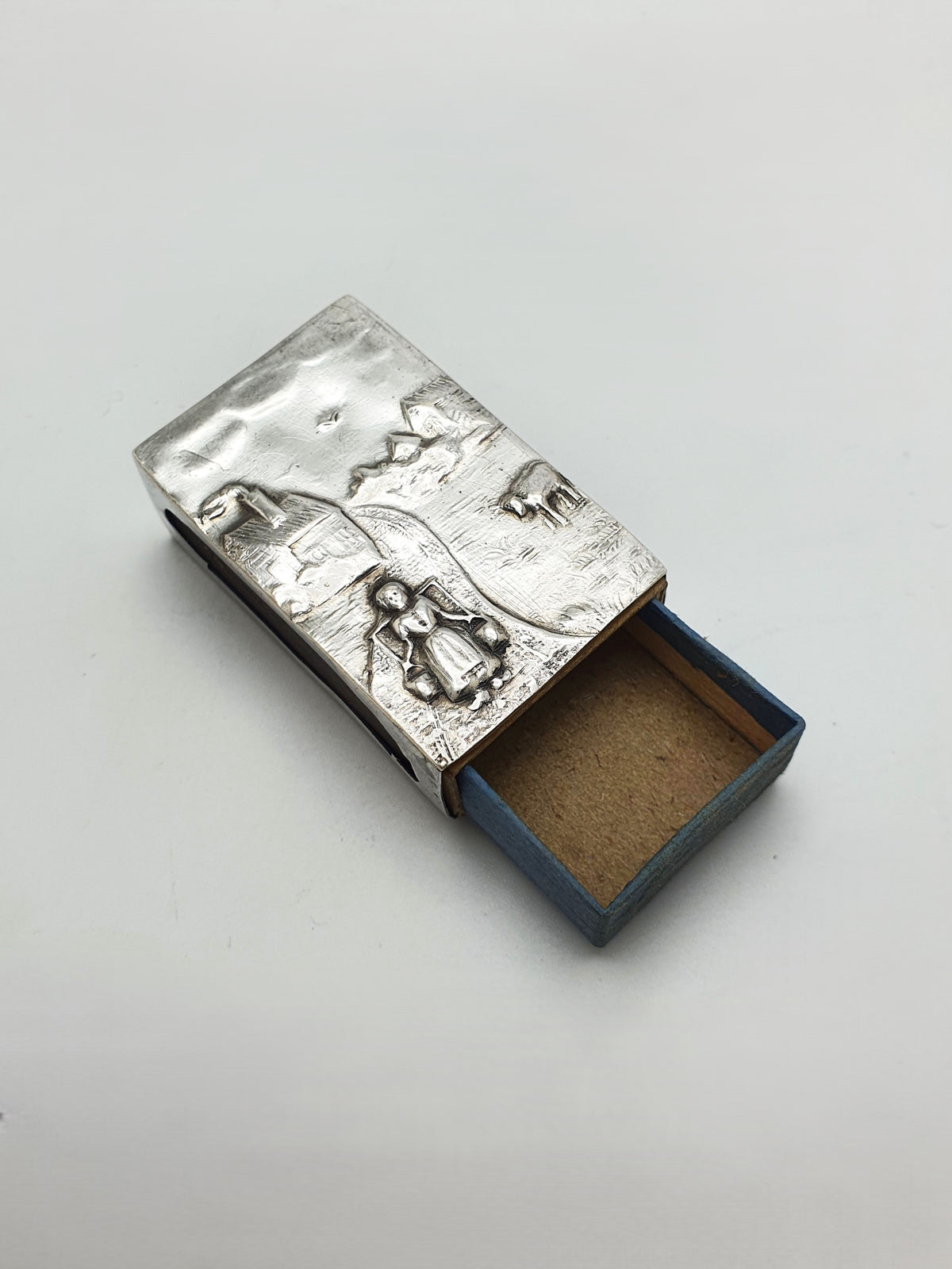 Fabulous Antique Dutch Silver Matchbox Holder With Rural Scenes – circa 1920