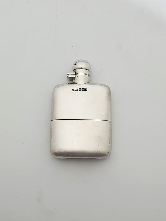 Antique George V Sterling Silver Hip Flask With Gilt Finished Cup - 1913