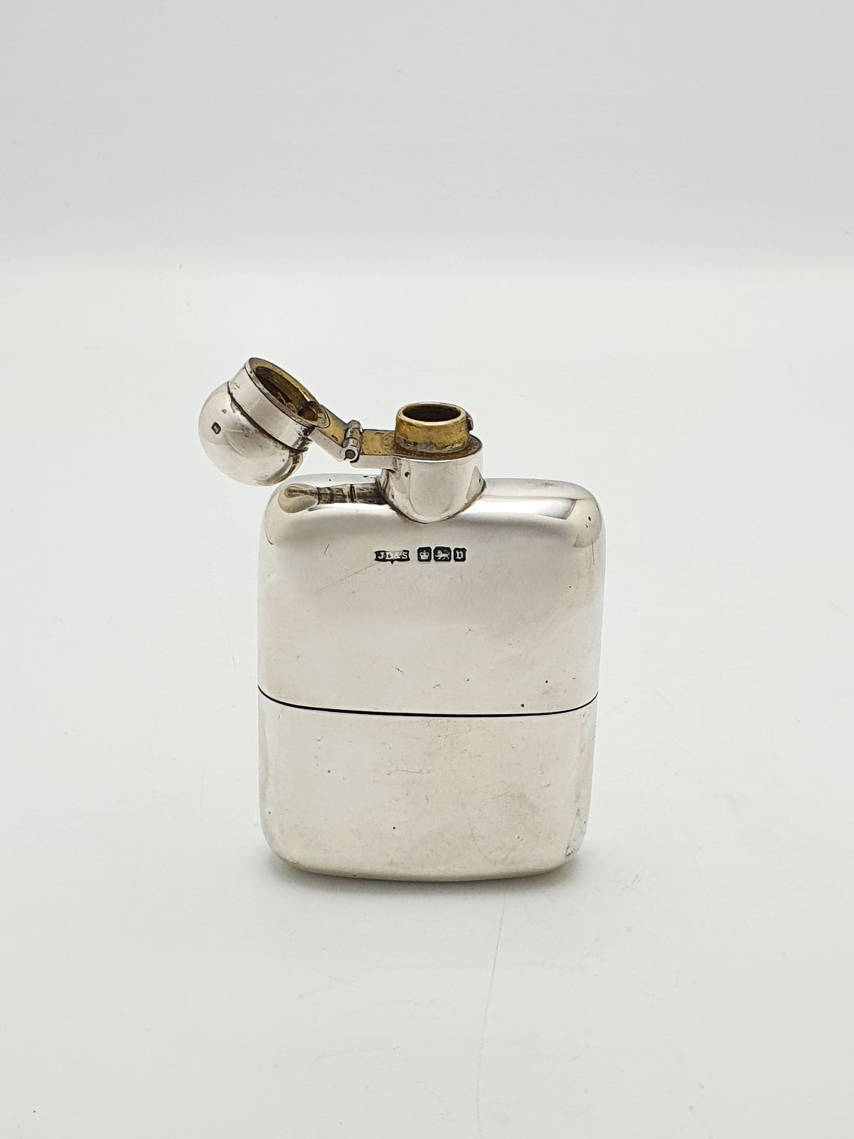 Antique George V Sterling Silver Hip Flask With Gilt Finished Cup - 1913