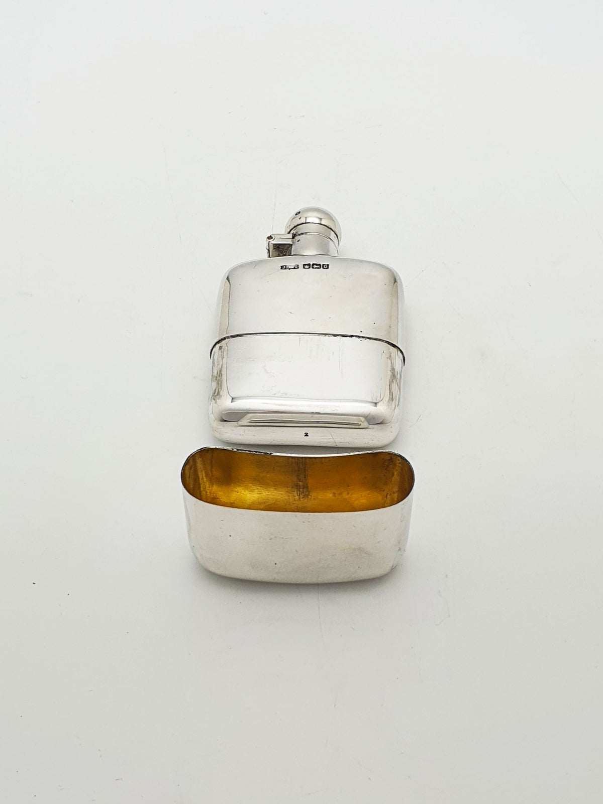 Antique George V Sterling Silver Hip Flask With Gilt Finished Cup - 1913