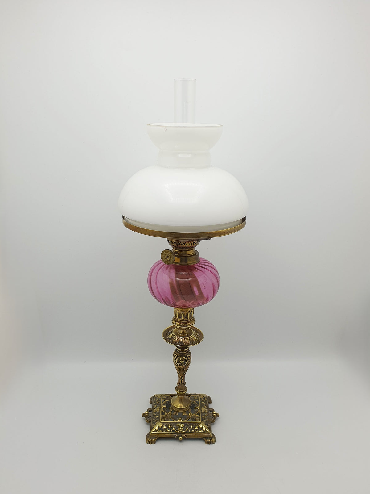Antique Victorian Brass Oil Lamp With Cranberry Glass Font And Opaline Shade – circa 1890