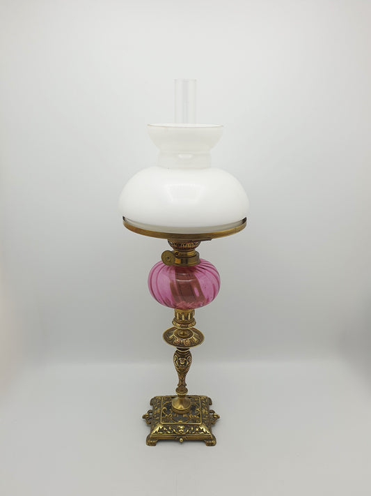 Antique Victorian Brass Oil Lamp With Cranberry Glass Font And Opaline Shade – circa 1890