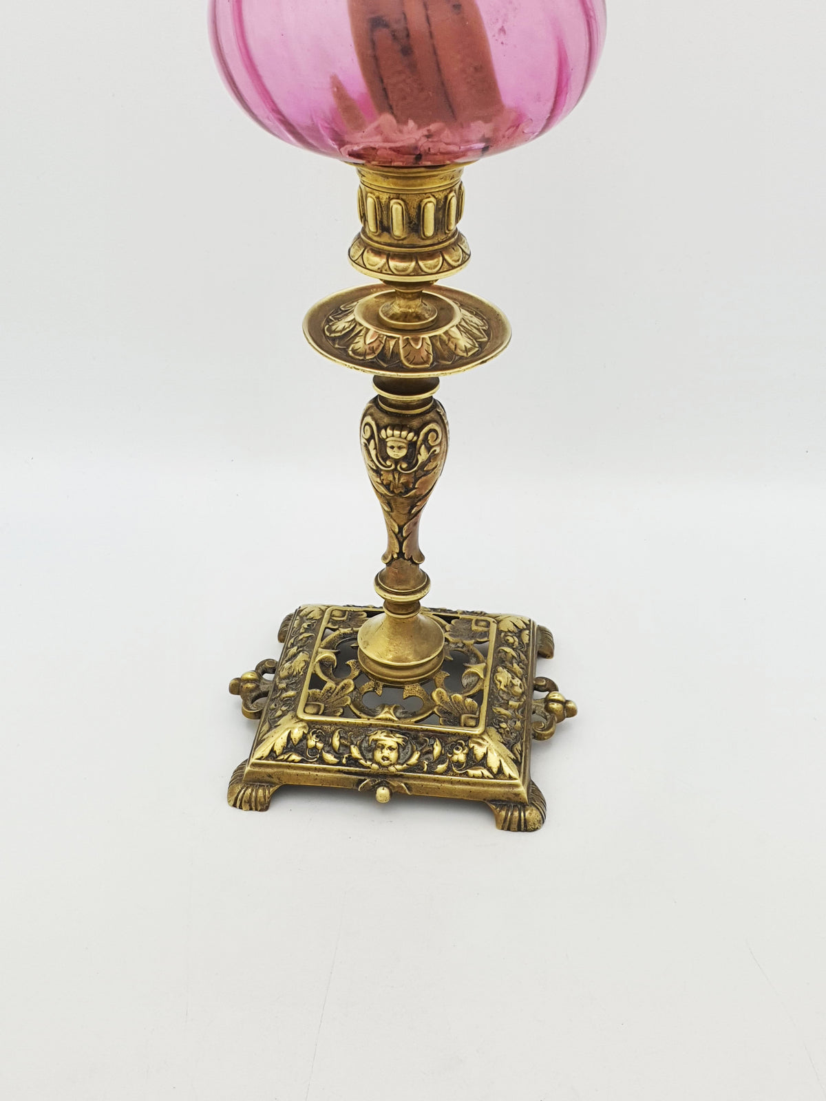 Antique Victorian Brass Oil Lamp With Cranberry Glass Font And Opaline Shade – circa 1890