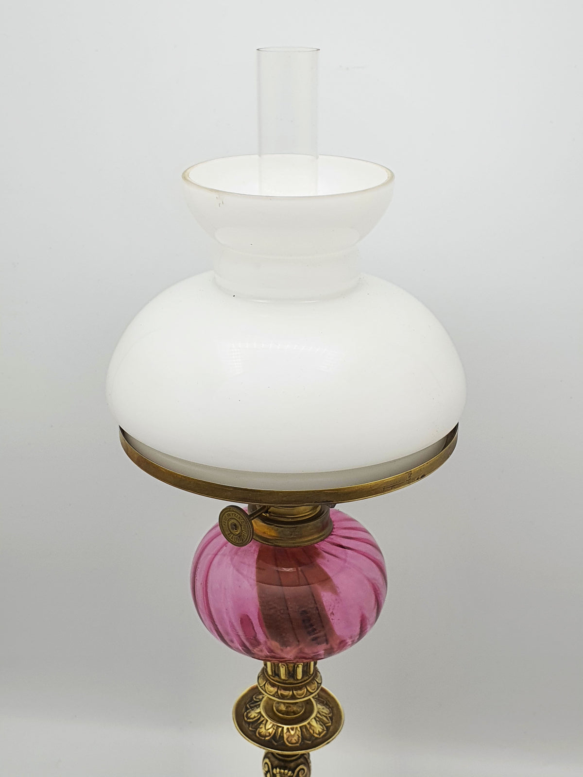 Antique Victorian Brass Oil Lamp With Cranberry Glass Font And Opaline Shade – circa 1890