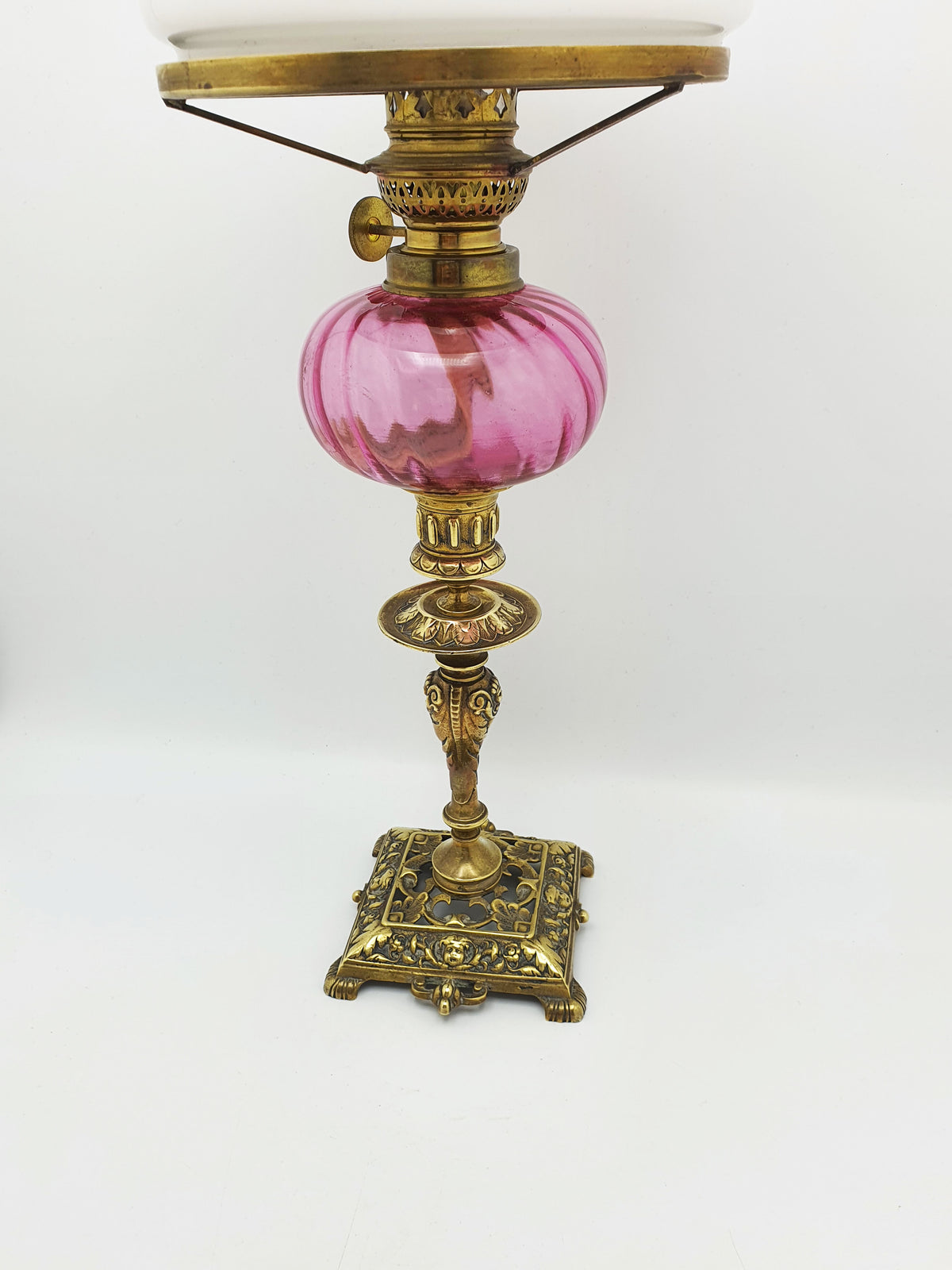 Antique Victorian Brass Oil Lamp With Cranberry Glass Font And Opaline Shade – circa 1890