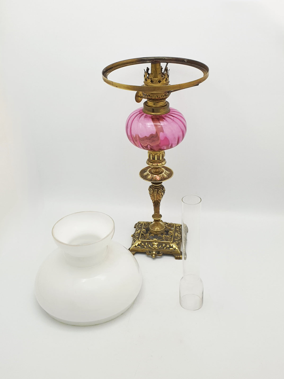 Antique Victorian Brass Oil Lamp With Cranberry Glass Font And Opaline Shade – circa 1890