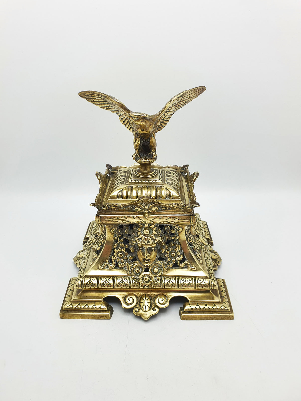 Fabulous Large Grand Tour Brass Inkwell With Eagle Finial – circa 1880