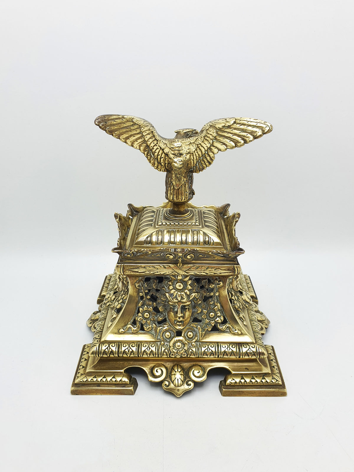 Fabulous Large Grand Tour Brass Inkwell With Eagle Finial – circa 1880