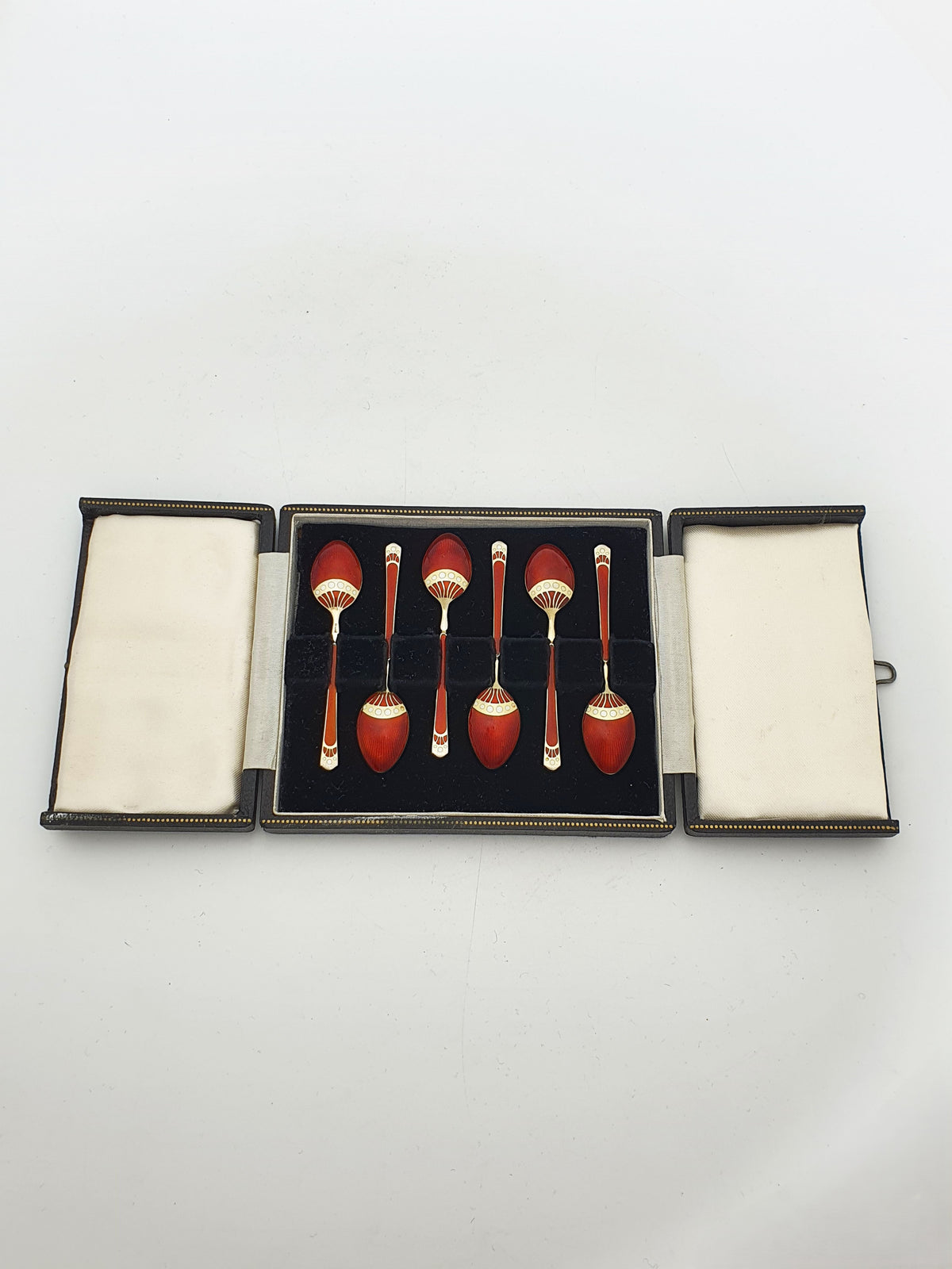 Gorgeous Art Deco Style Sterling Silver Red Enamel Coffee Spoons Set of 6 - 1957