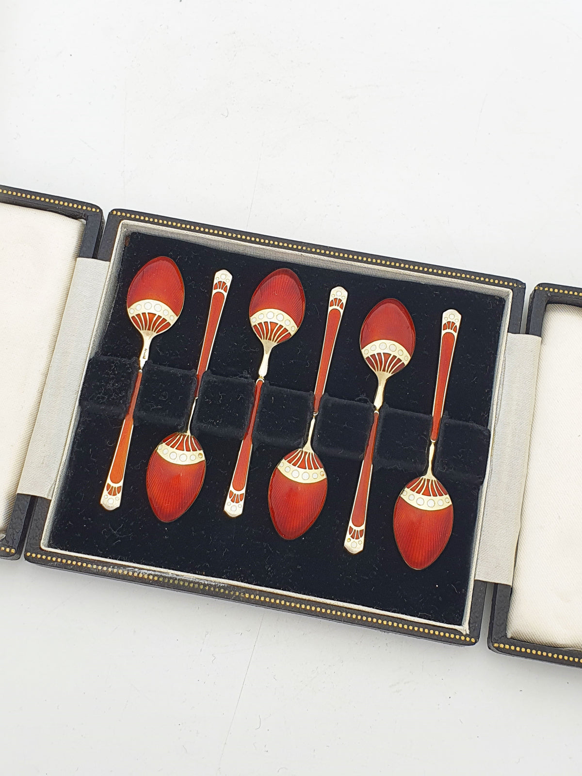 Gorgeous Art Deco Style Sterling Silver Red Enamel Coffee Spoons Set of 6 - 1957