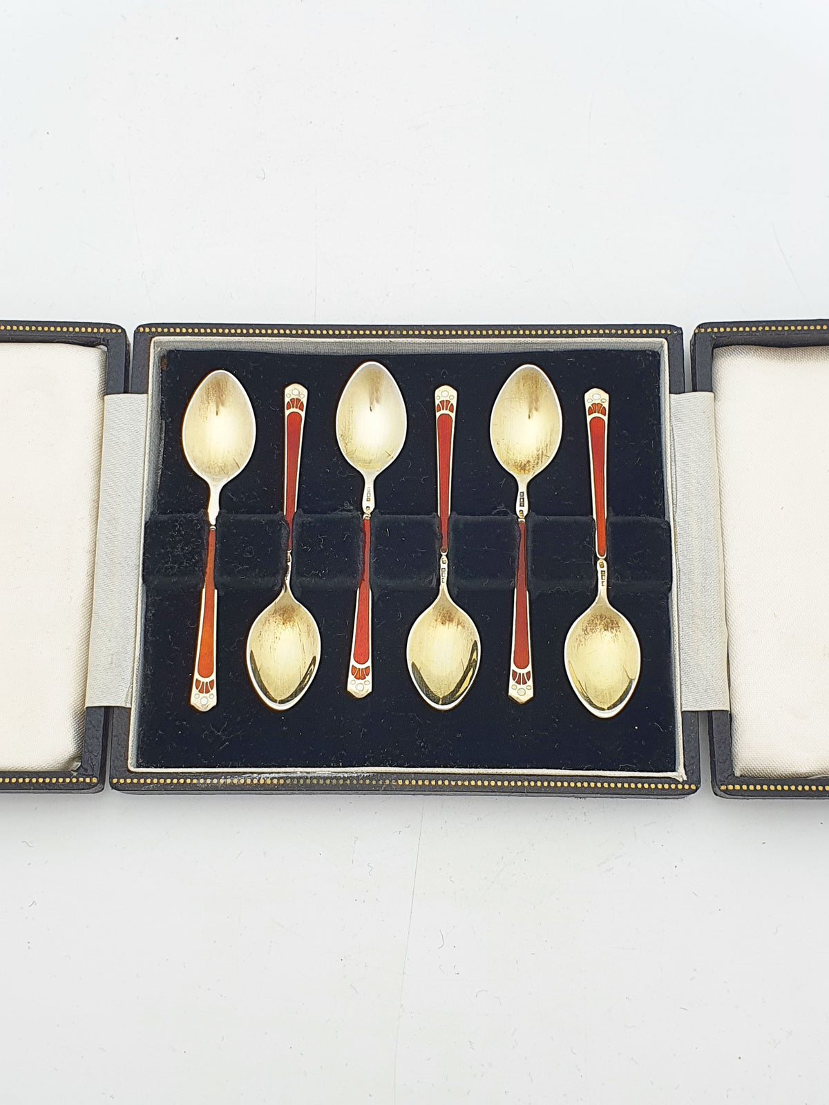 Gorgeous Art Deco Style Sterling Silver Red Enamel Coffee Spoons Set of 6 - 1957
