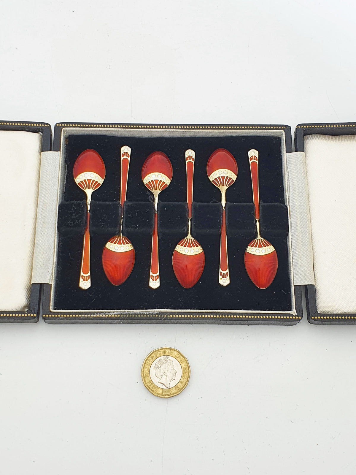 Gorgeous Art Deco Style Sterling Silver Red Enamel Coffee Spoons Set of 6 - 1957