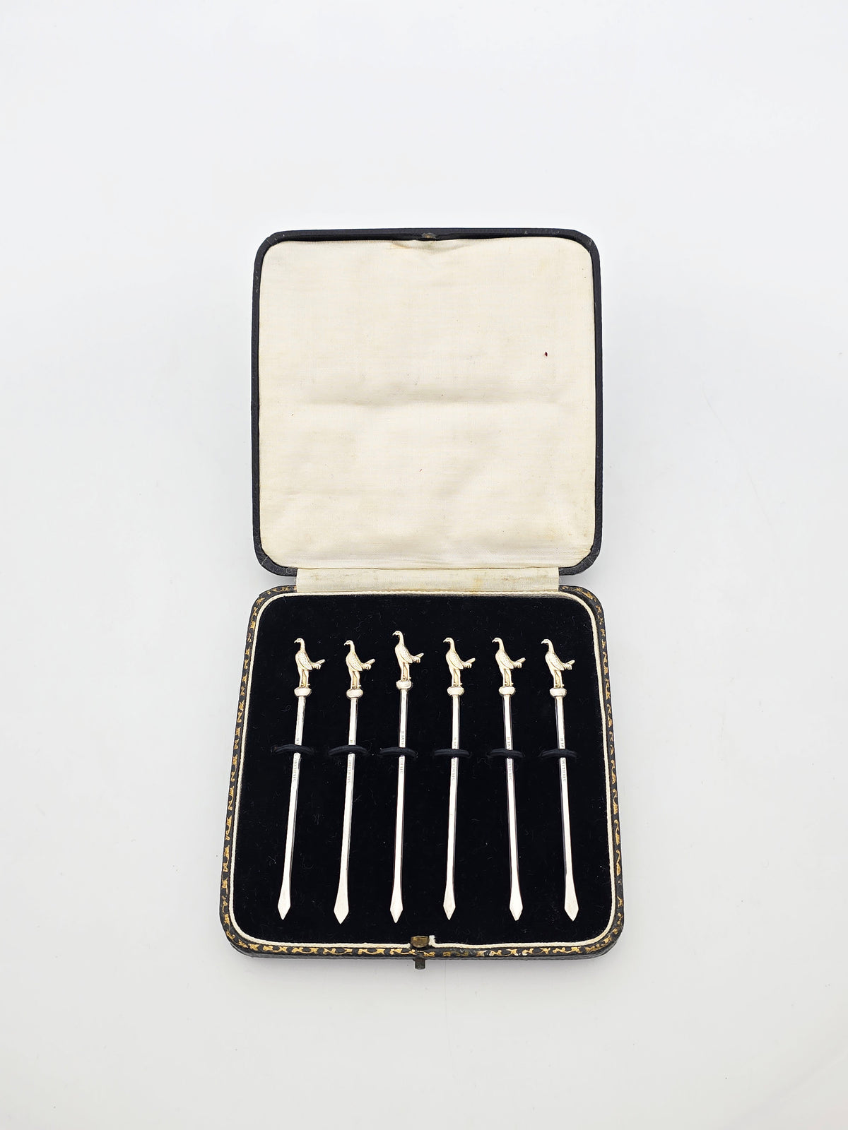 Fabulous Set of Six Antique Sterling Silver Bird Finial Cocktail Sticks – circa 1925