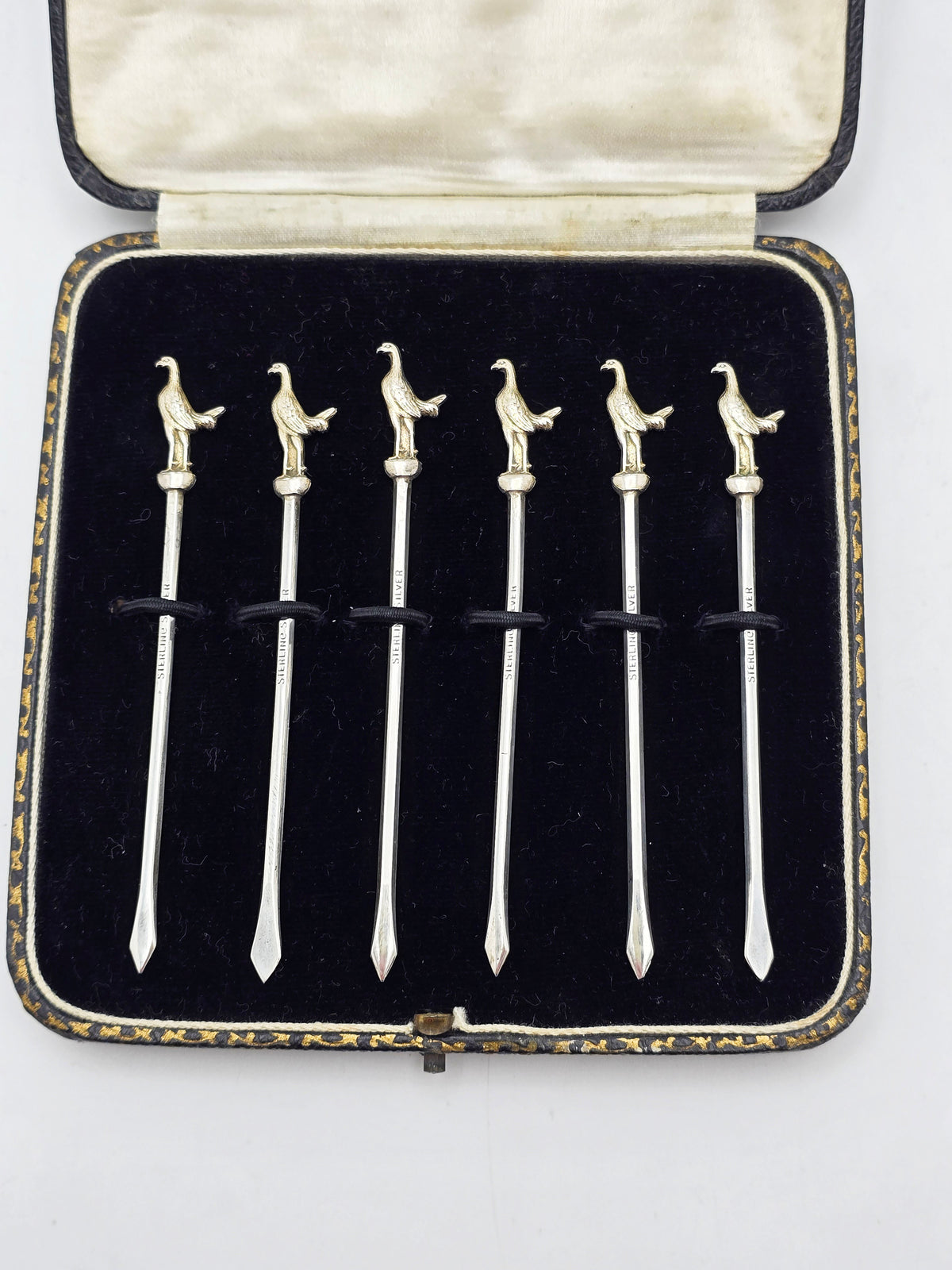 Fabulous Set of Six Antique Sterling Silver Bird Finial Cocktail Sticks – circa 1925
