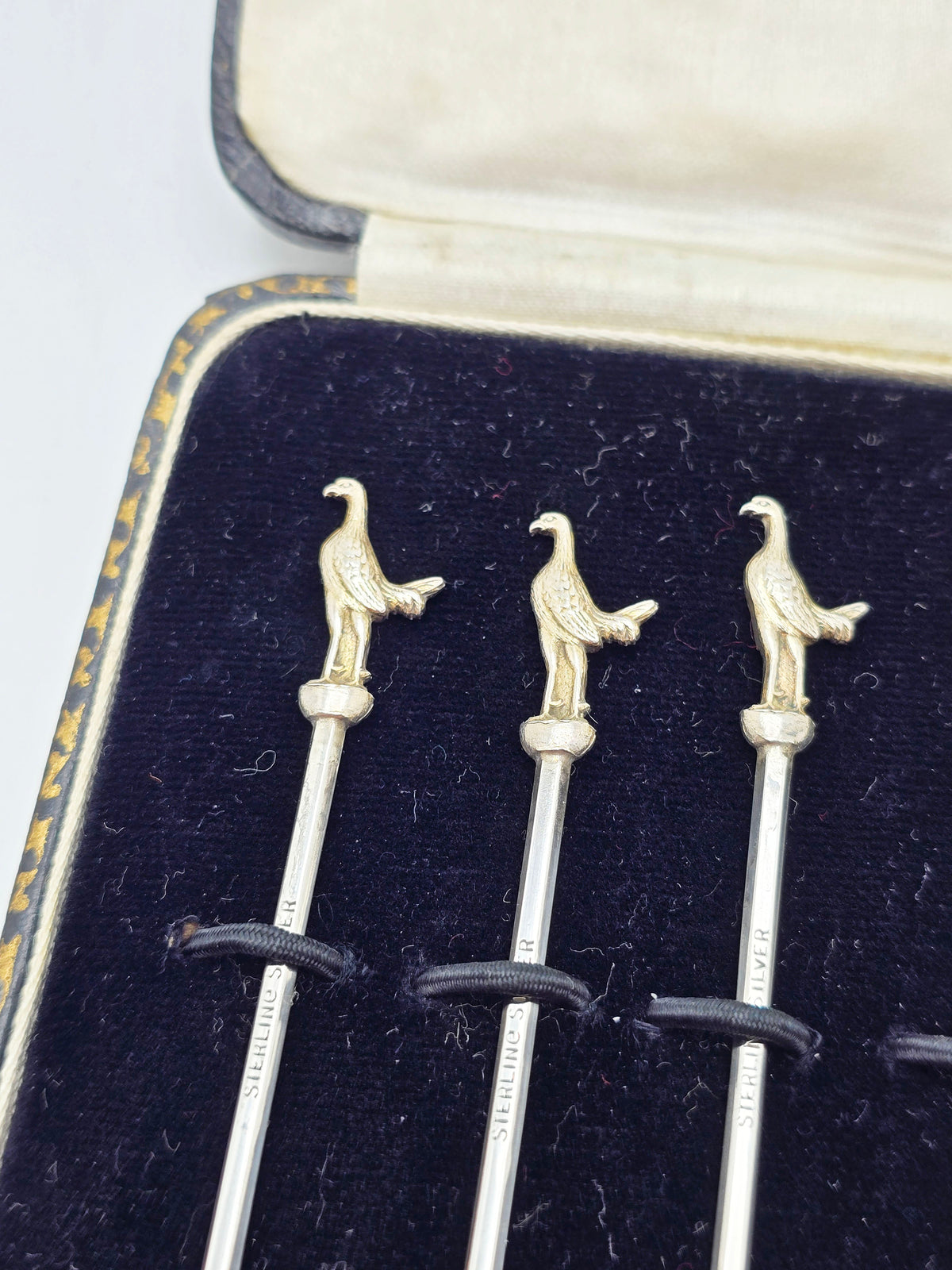 Fabulous Set of Six Antique Sterling Silver Bird Finial Cocktail Sticks – circa 1925