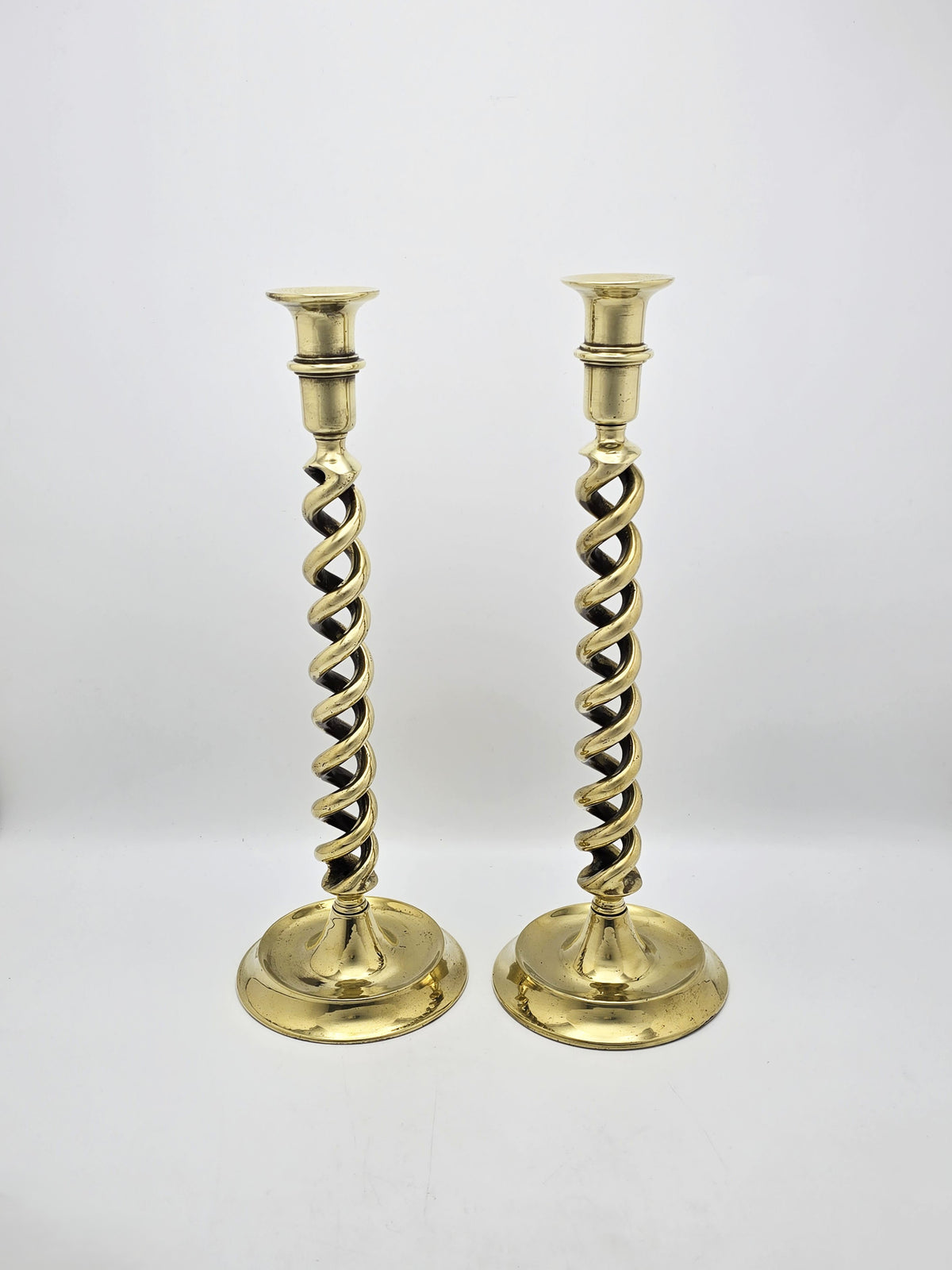 Pair of Antique Brass Open Barley Twist Candlesticks – circa 1920