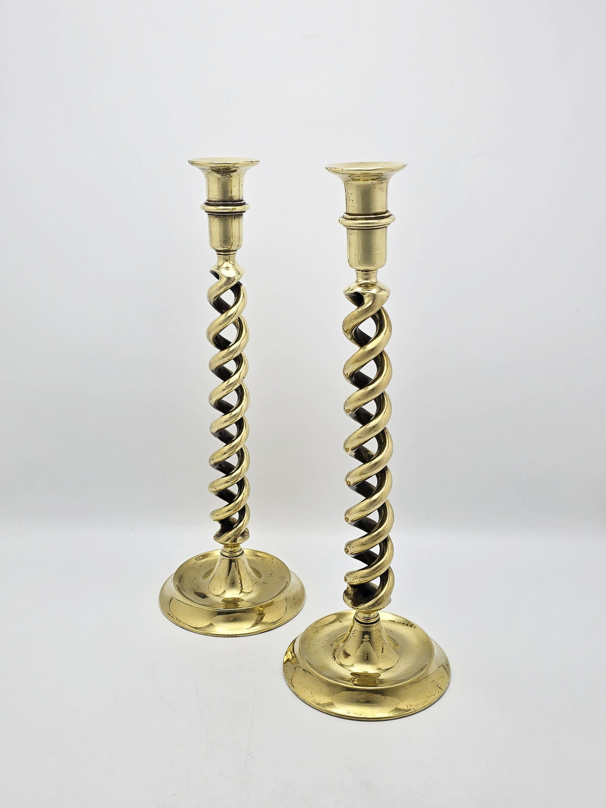 Pair of Antique Brass Open Barley Twist Candlesticks – circa 1920