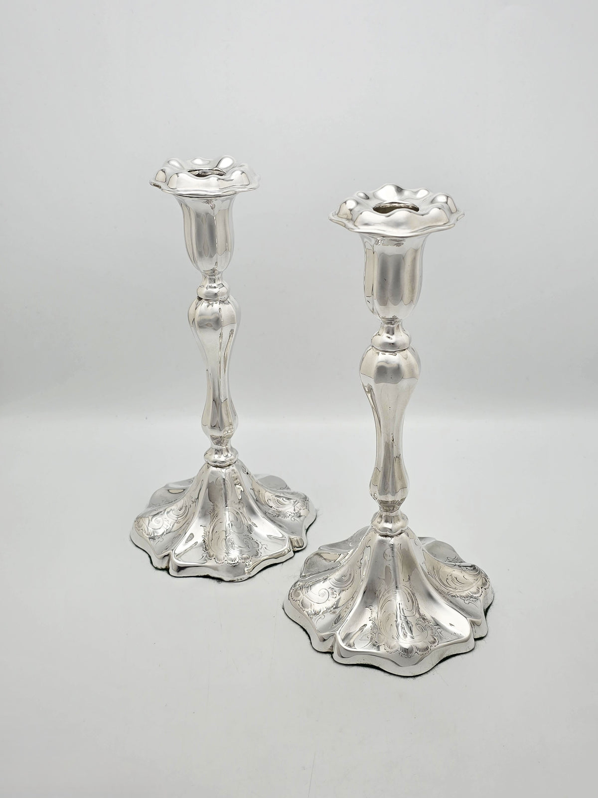 Antique Edwardian Silver Plated Engraved Rococo Candlesticks – circa 1905