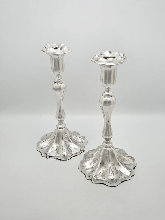 Antique Edwardian Silver Plated Engraved Rococo Candlesticks – circa 1905