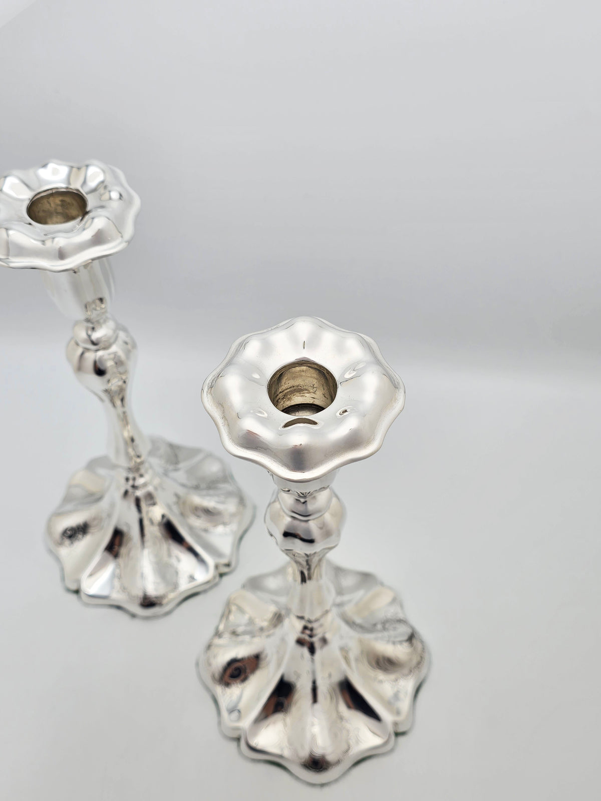 Antique Edwardian Silver Plated Engraved Rococo Candlesticks – circa 1905