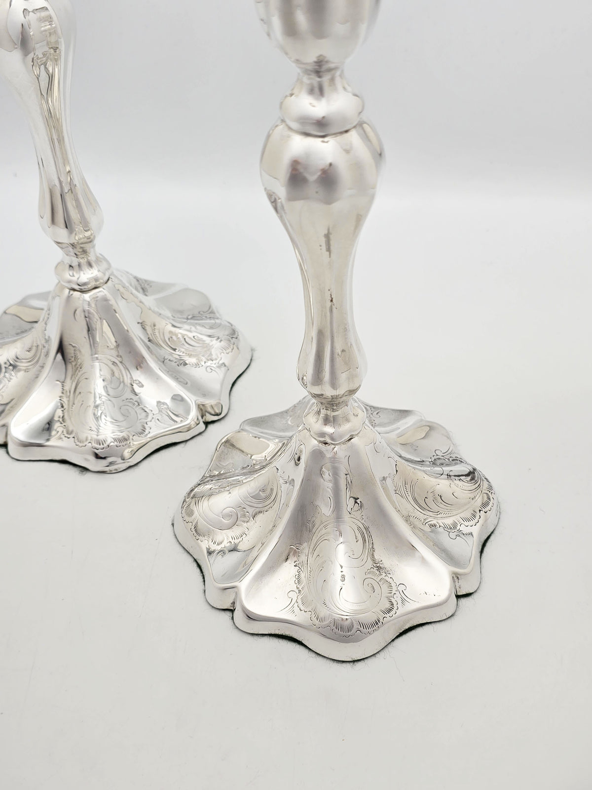 Antique Edwardian Silver Plated Engraved Rococo Candlesticks – circa 1905