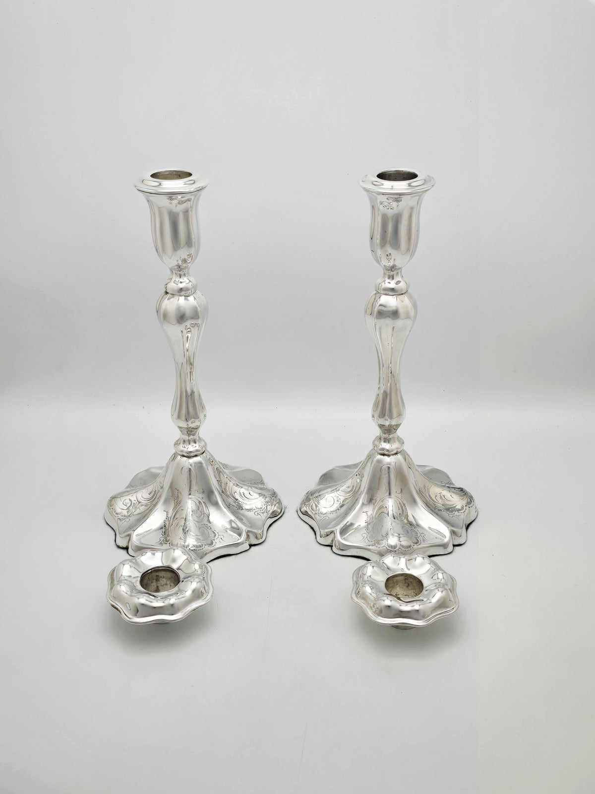 Antique Edwardian Silver Plated Engraved Rococo Candlesticks – circa 1905