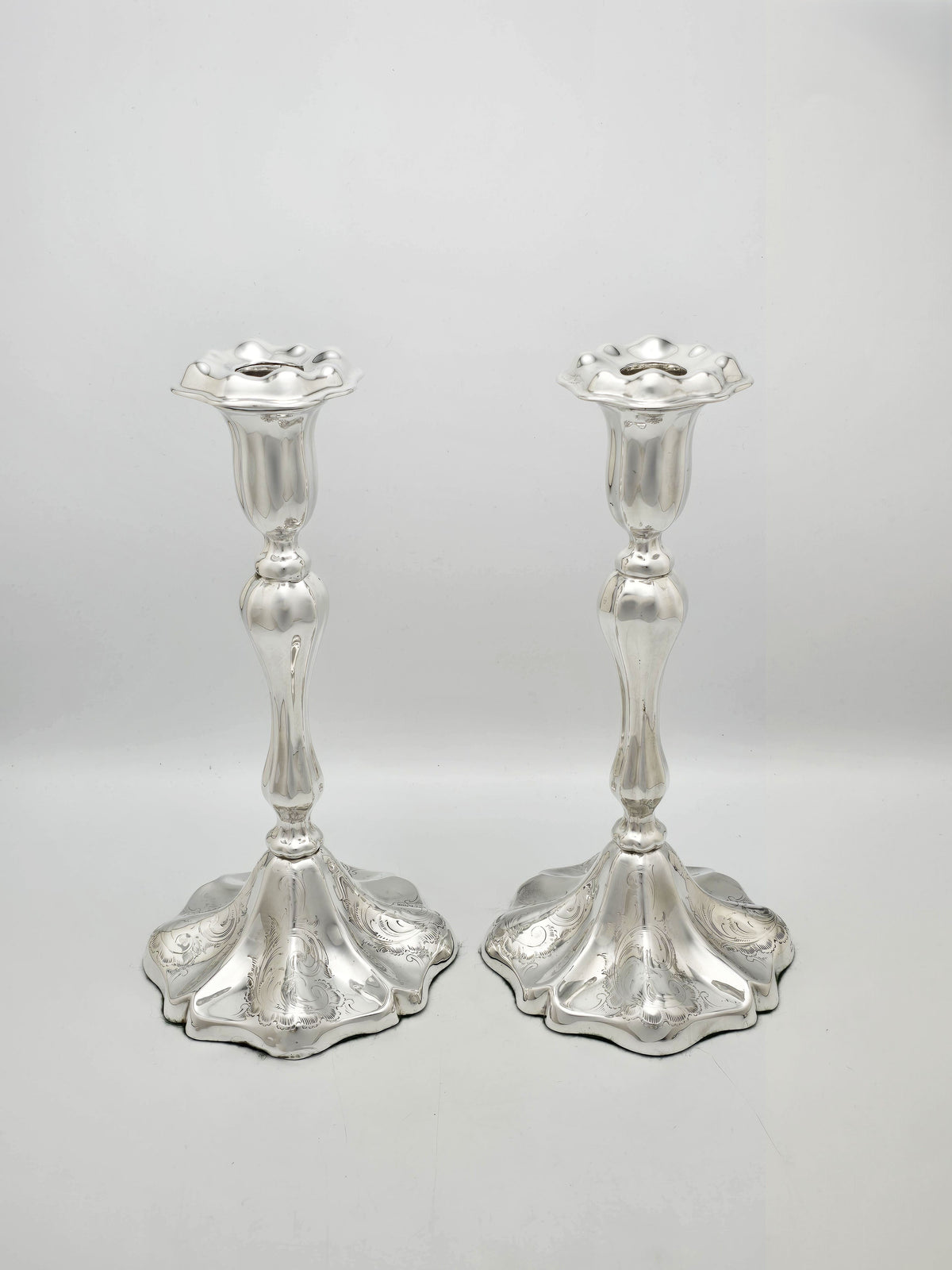 Antique Edwardian Silver Plated Engraved Rococo Candlesticks – circa 1905