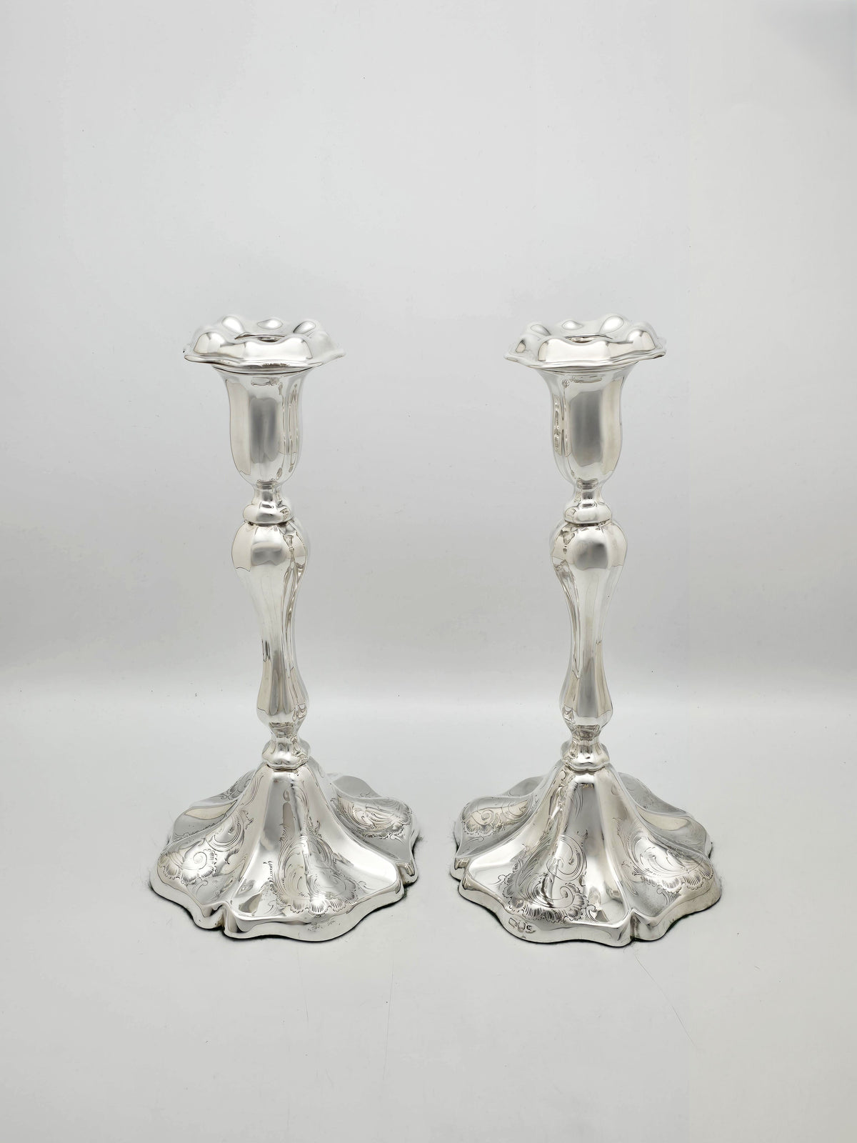 Antique Edwardian Silver Plated Engraved Rococo Candlesticks – circa 1905
