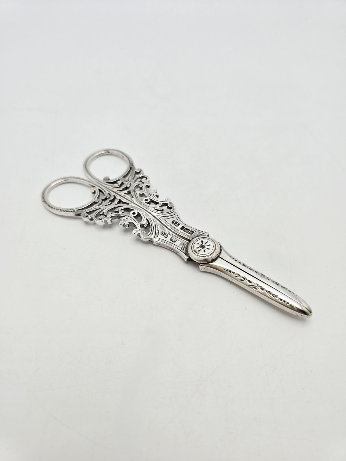 Antique Edwardian Sterling Silver Grape Scissors With Pierced Handles – circa 1905