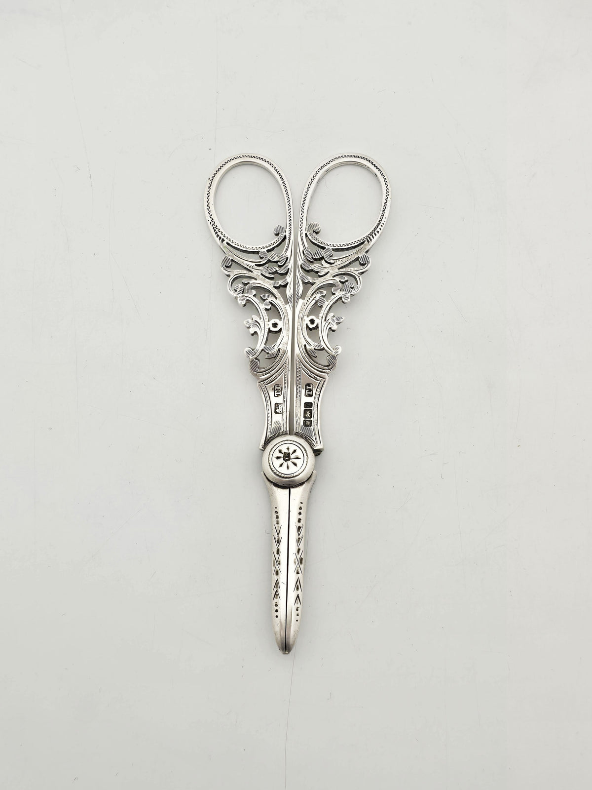 Antique Edwardian Sterling Silver Grape Scissors With Pierced Handles – circa 1905