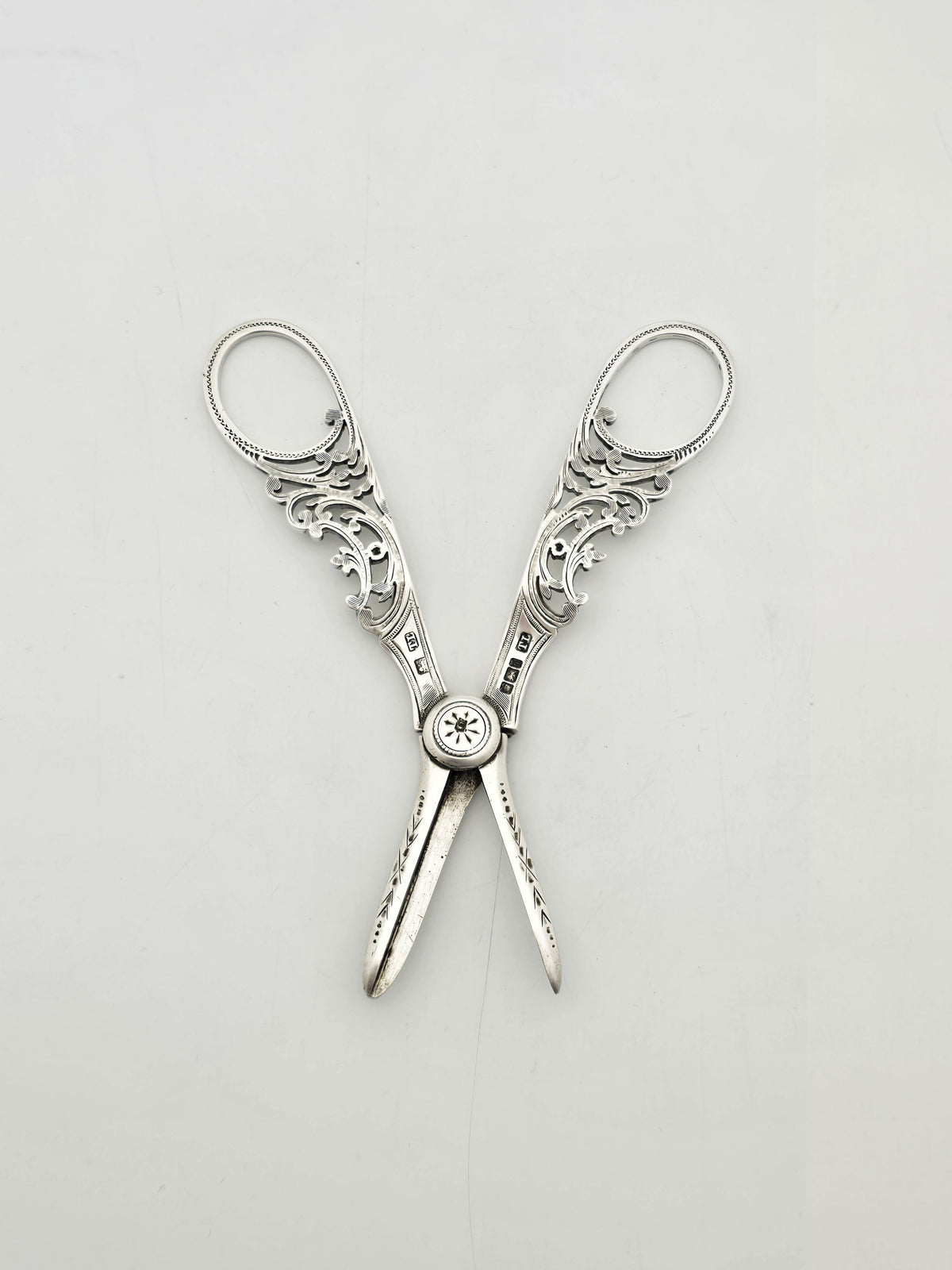 Antique Edwardian Sterling Silver Grape Scissors With Pierced Handles – circa 1905