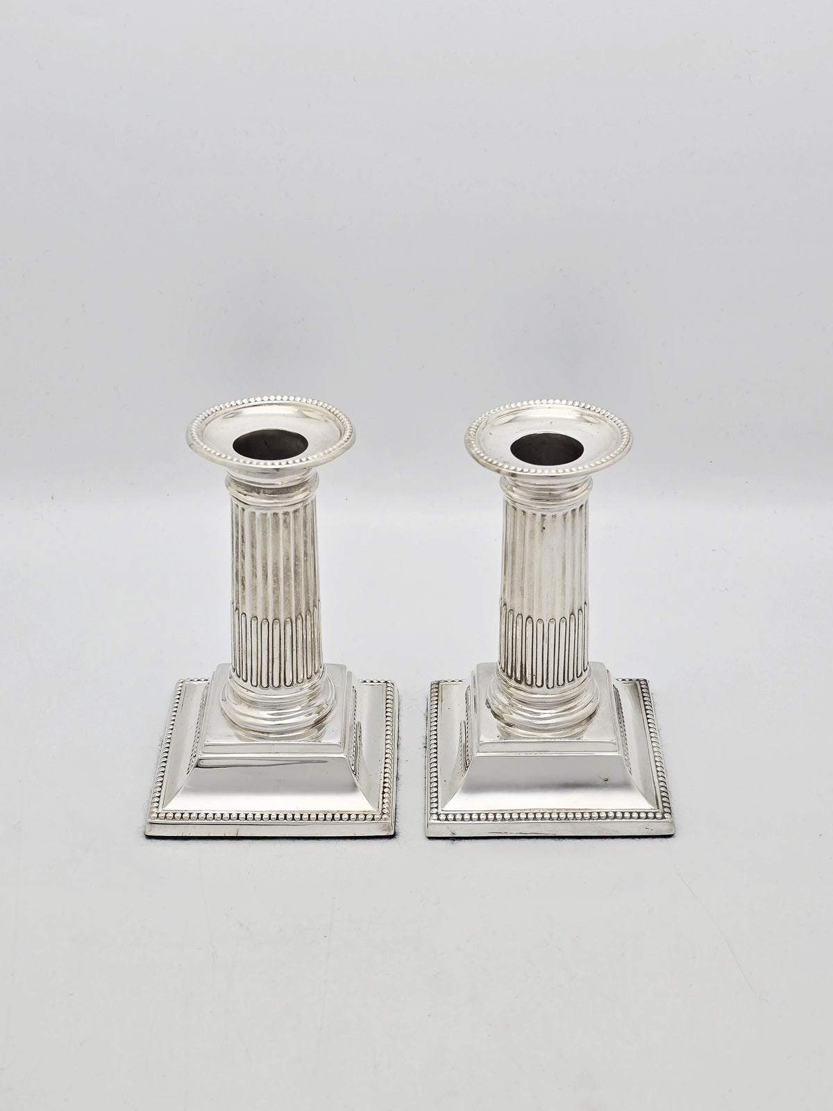 Pair Of Small Antique Edwardian Silver Plated Column Candlesticks – circa 1905