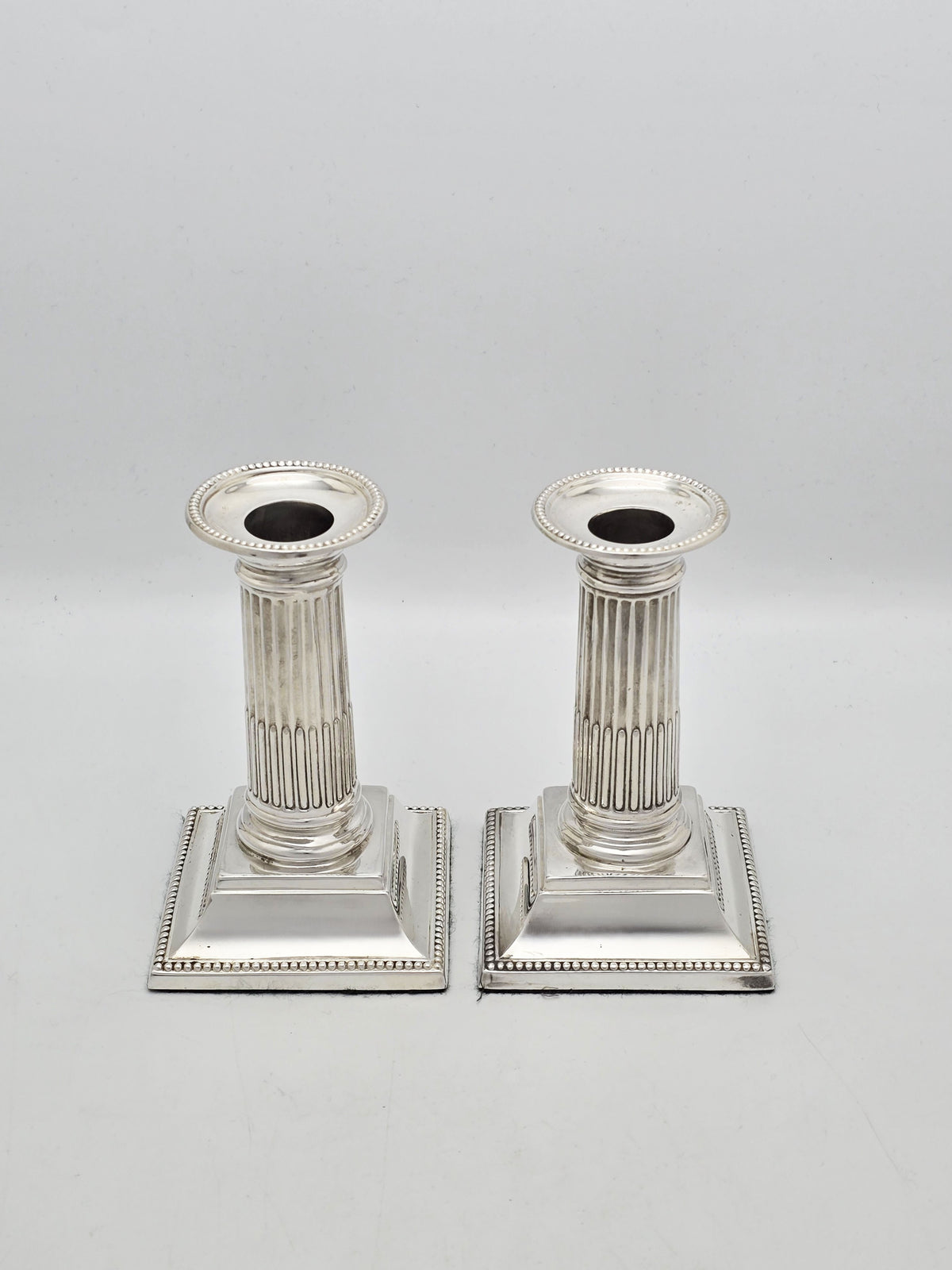 Pair Of Small Antique Edwardian Silver Plated Column Candlesticks – circa 1905