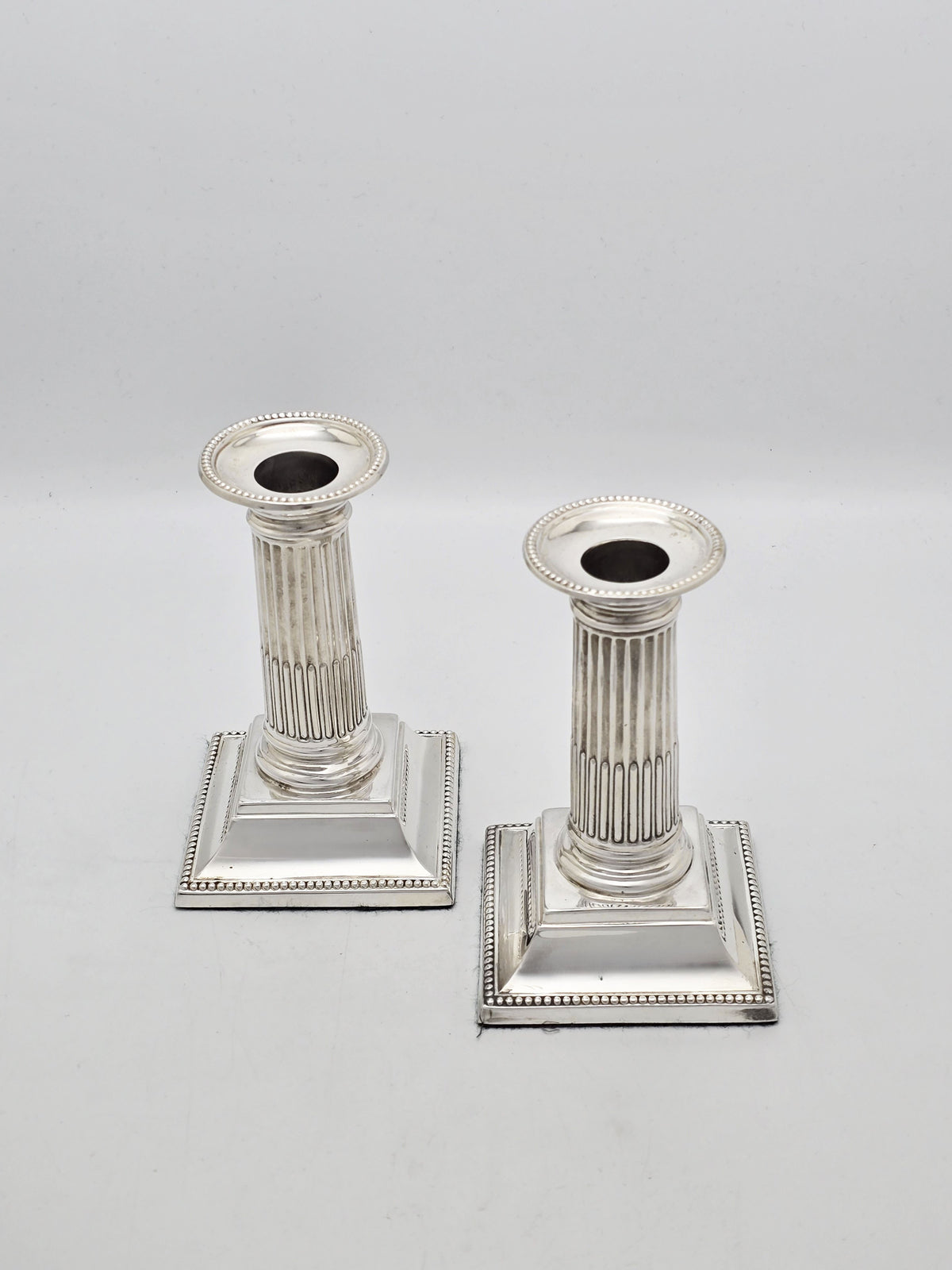 Pair Of Small Antique Edwardian Silver Plated Column Candlesticks – circa 1905