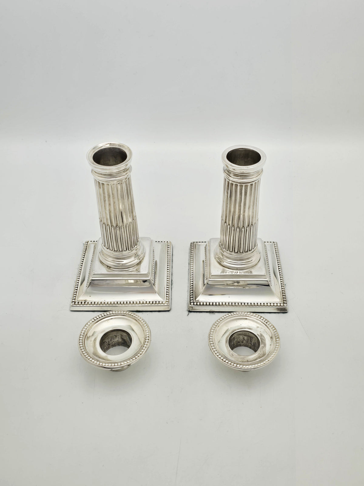 Pair Of Small Antique Edwardian Silver Plated Column Candlesticks – circa 1905