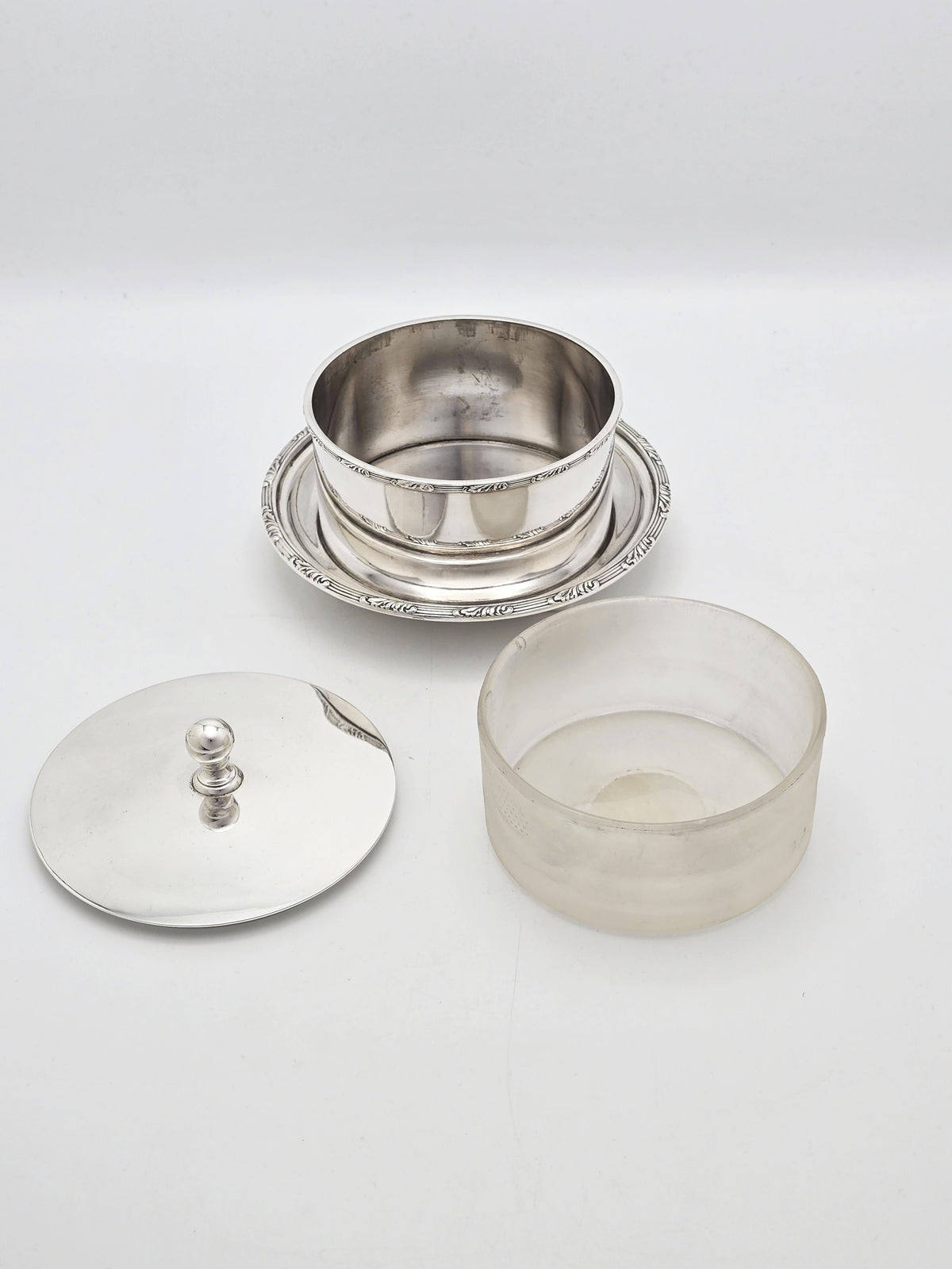 Antique Silver Plated Round Butter Dish With Frosted Glass Liner – circa 1920