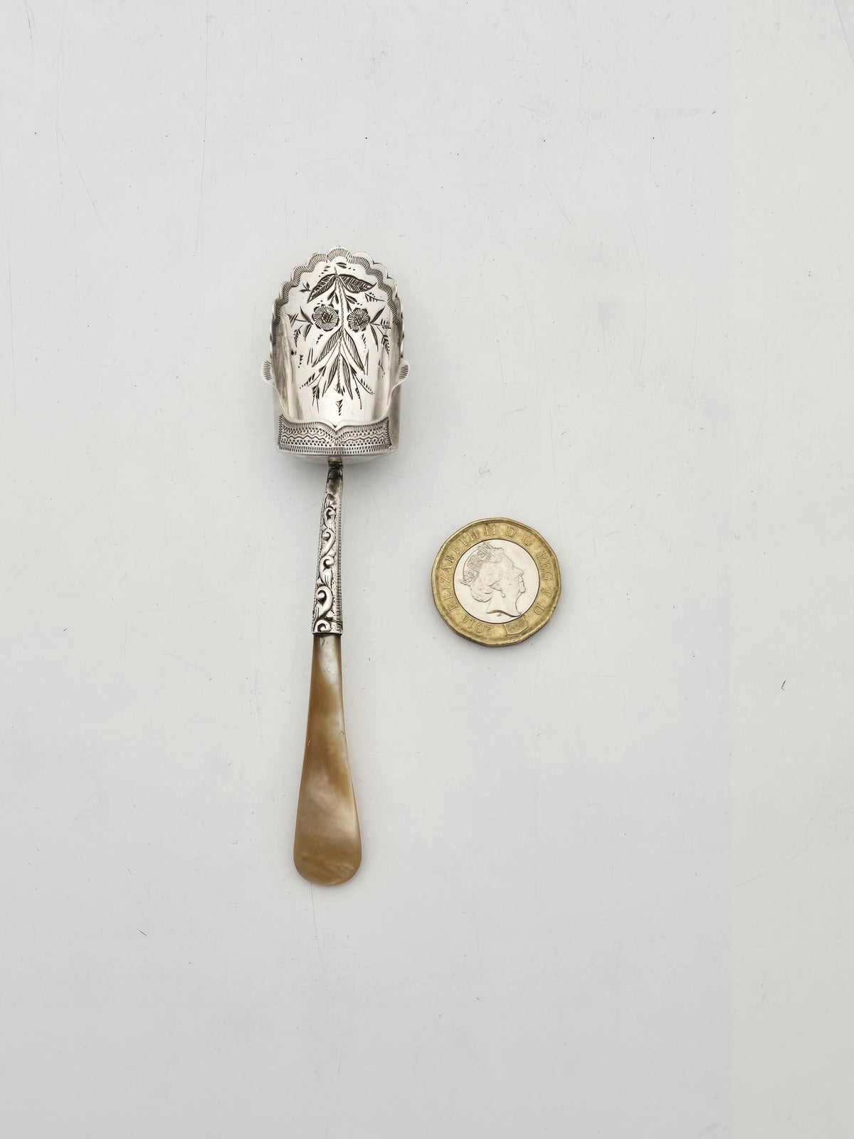 Antique Victorian Sterling Silver Sugar Scoop With Mother Of Pearl Handle - 1897