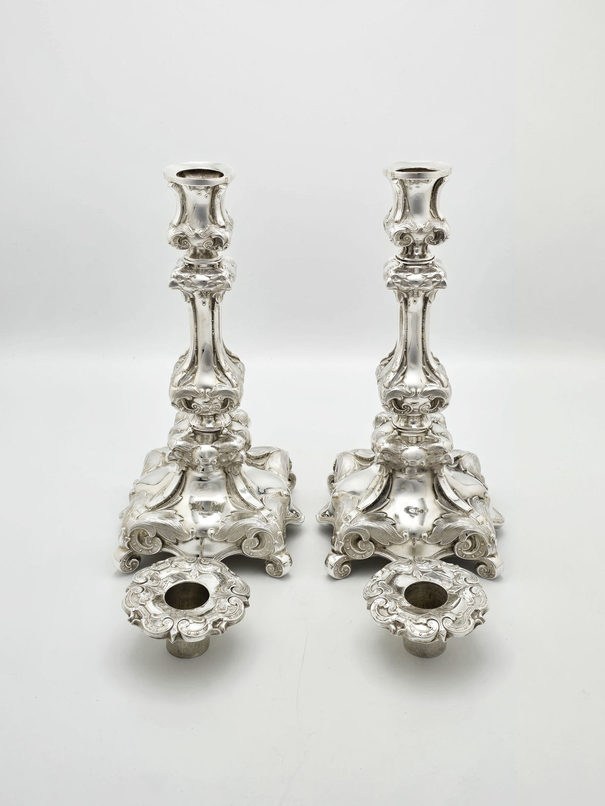 Pair of Antique Continental Rococo Revival Silver Plated Candlesticks – circa 1880
