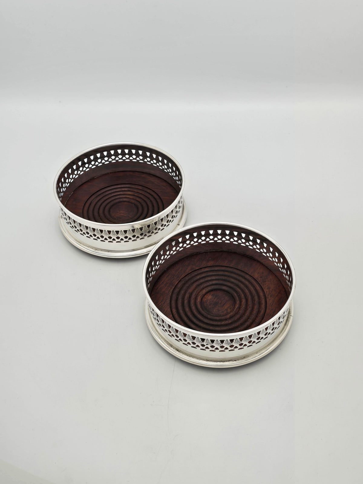 Pair Of Antique Silver Plated and Wood Wine Bottle Coasters – circa 1920