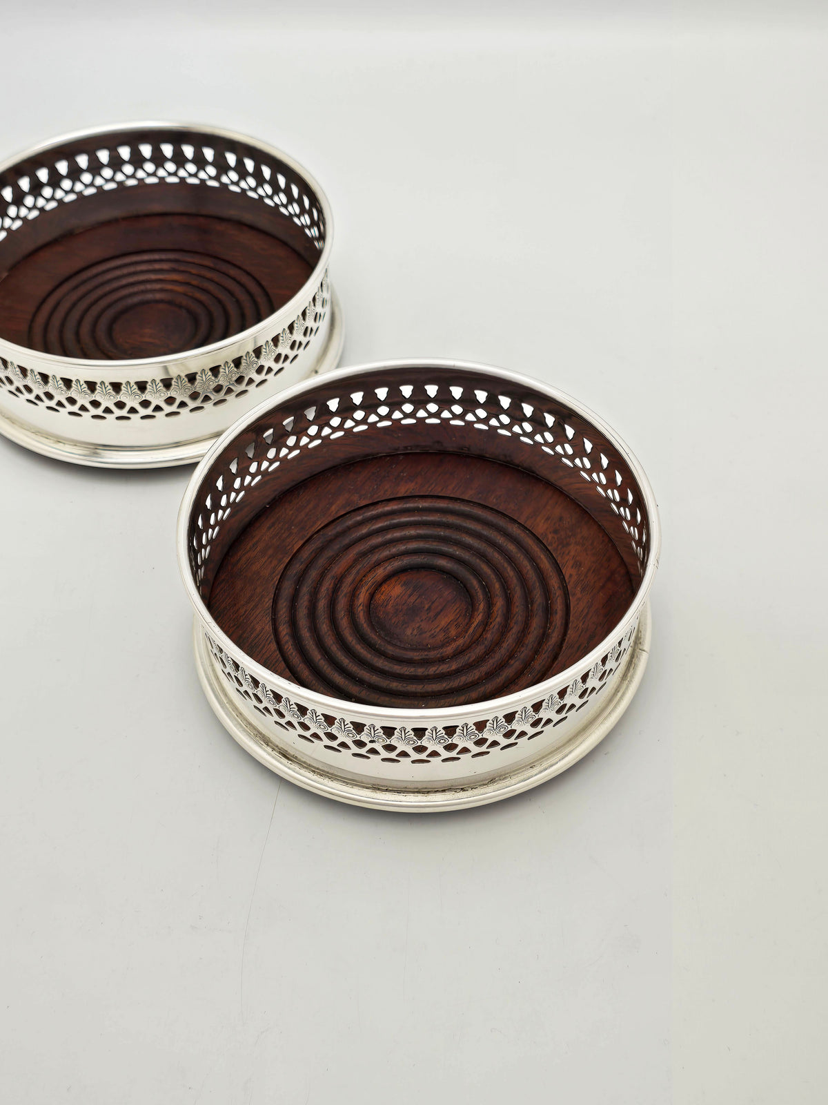Pair Of Antique Silver Plated and Wood Wine Bottle Coasters – circa 1920