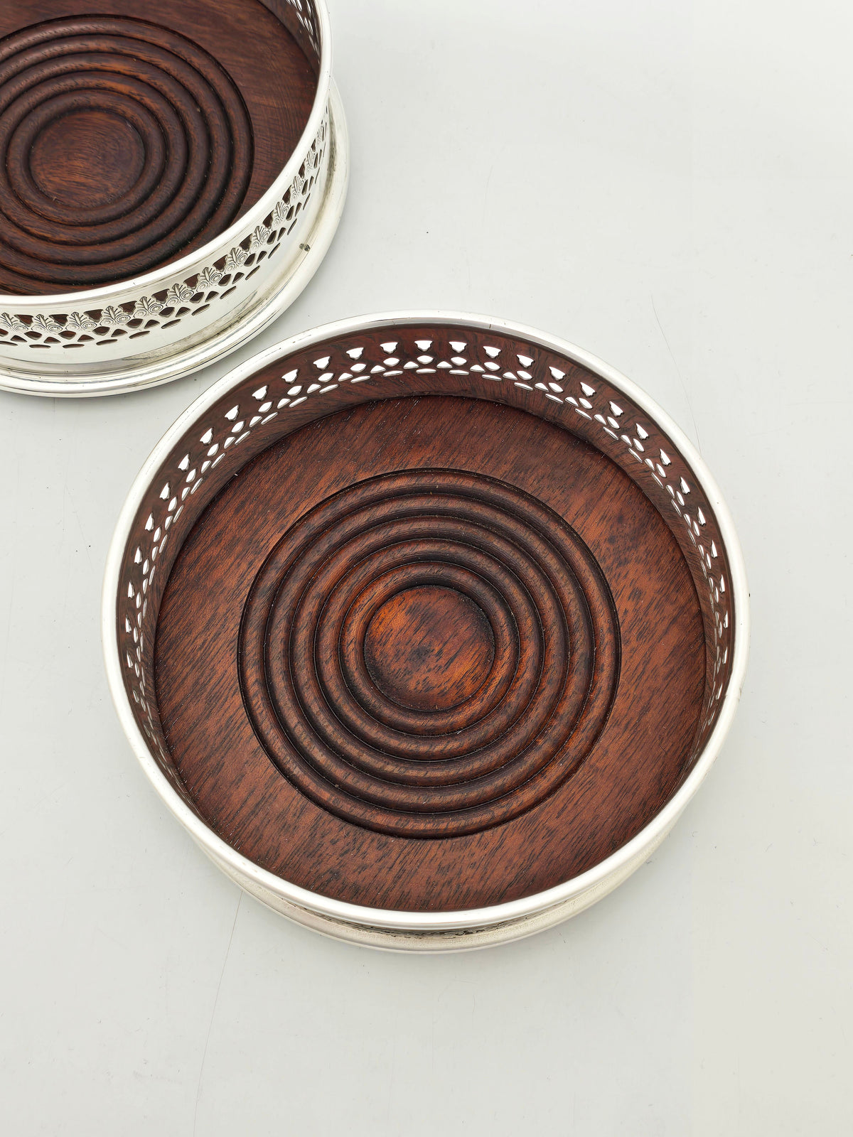 Pair Of Antique Silver Plated and Wood Wine Bottle Coasters – circa 1920