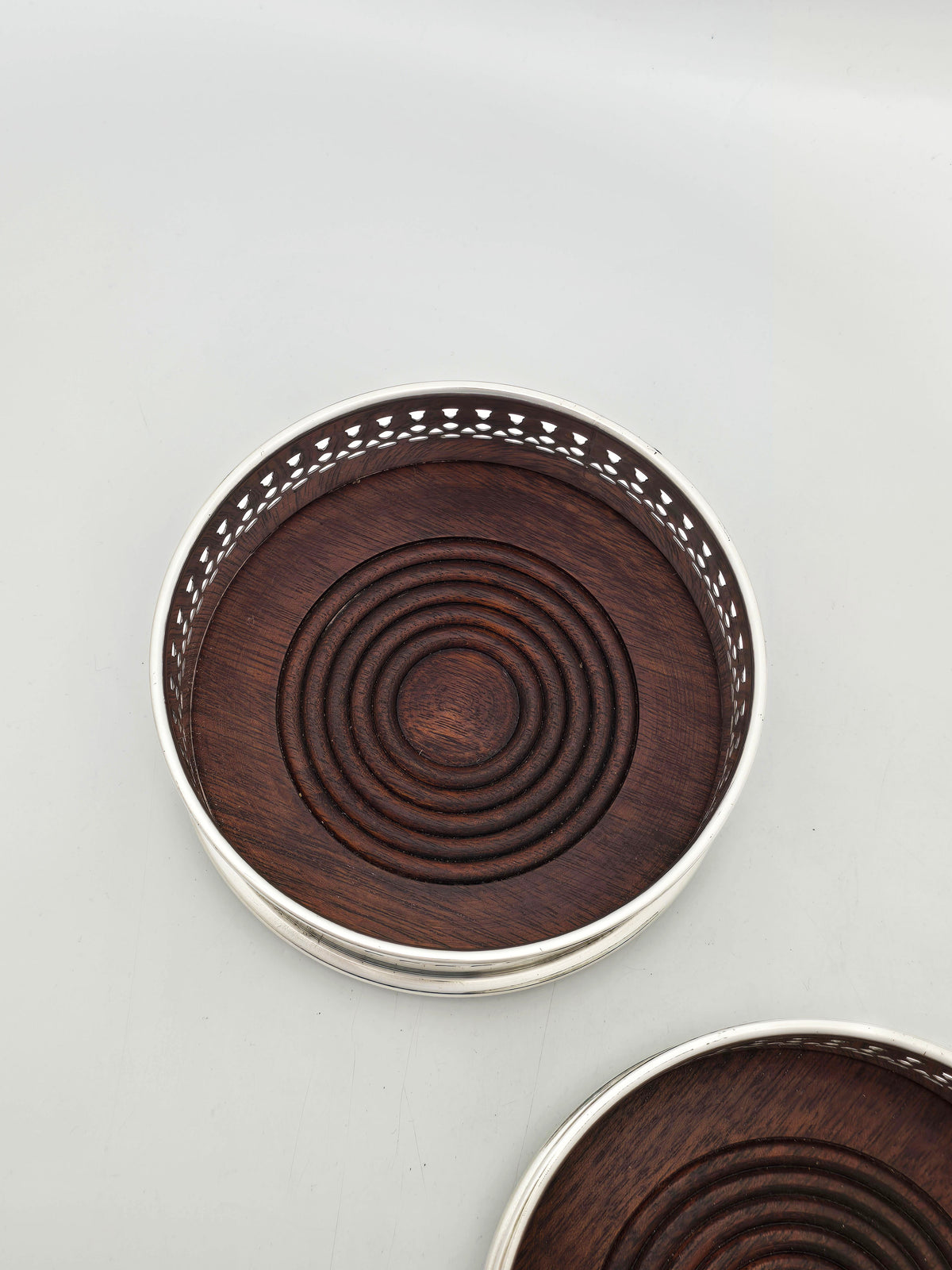 Pair Of Antique Silver Plated and Wood Wine Bottle Coasters – circa 1920